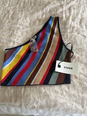 STAUD One-Shoulder Striped Knit Crop Top - Blue, Red, Yellow, Brown, Navy